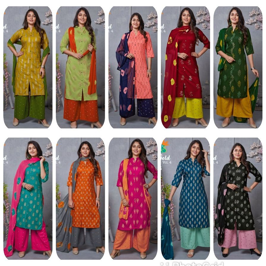 Kushal Meri Gold 4 Kurti With Plazzo And Dupatta Rayon Readymade Dress Collection